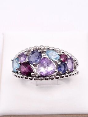 Size 10 Tourmaline, amethyst , blue topaz 925 Sterling  Silver Ring